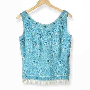 Vintage 60s Beaded Fringed and Tasseled Blue Wool Sweater Tank S/M
